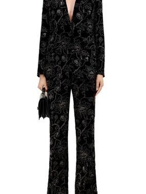 The Kooples Black Blazer with Silver Metallic Floral Embroidery